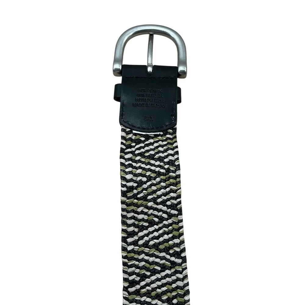 Mens Braided Stretch Belt 2XL Olive Green Black White Woven Elastic Buckle